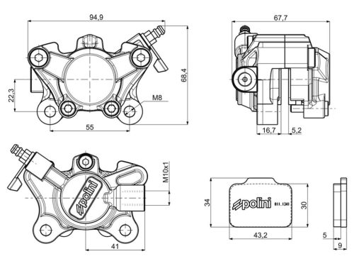 Polini CNC Racing hátsó féknyereg - Minarelli (fekvőhengeres) LC (vízhűtéses) (féktárcsás típusok)