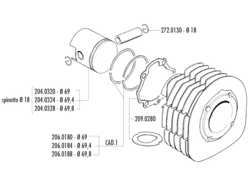 Polini dugattyú készlet 225cc 69.8mm 18mm-es csapszeg - Ape 601 V, Car P2, P 501, P 602, TM 703