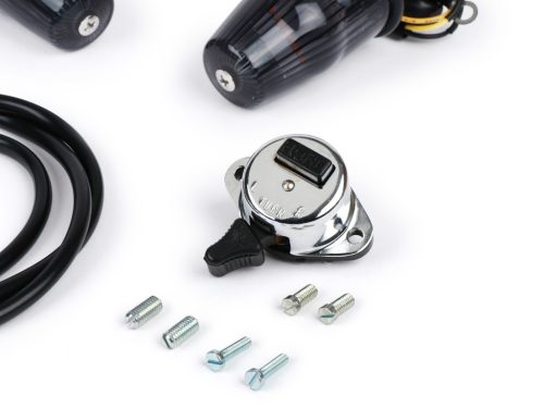 Jelző utólag szerelhető készlet kormányvégjelzőhöz Moto Nostra LED , E-jelöléssel, 6 Volt Vespa Smallframe V50, 50N, PV, ET3, Largeframe Rally, Sprint, TS, GT, GTR, SS180 Ř=24mm Fekete