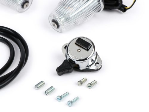 Utángyártott jelzőkészlet a kormányvégjelzőhöz Moto Nostra LED , E-jelöléssel, 6 Volt Vespa Smallframe V50, 50N, PV, ET3, Largeframe Rally, Sprint, TS, GT, GTR, SS180 Ř=24mm Fehér Ř=24mm