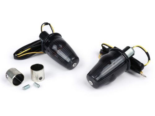 Utángyártott jelzőkészlet a kormányvég-jelzőhöz Moto Nostra LED , E-jelöléssel, 12 Volt Vespa Smallframe PK S/XL/XL2/HP, Largeframe PX, T5, LML Ř=24mm Fekete