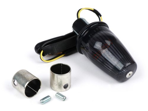 Utángyártott jelzőkészlet a kormányvég-jelzőhöz Moto Nostra LED , E-jelöléssel, 12 Volt Vespa Smallframe PK S/XL/XL2/HP, Largeframe PX, T5, LML Ř=24mm Fekete