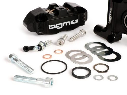 Első féknyereg féknyeregtartóval együtt BGM PRO, CNC Touring, 4 dugattyús, radiális rögzítés Fékdob típusa LML LML, Stella, Star fekete