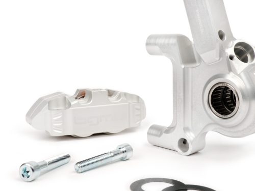 Első féknyereg féknyeregtartóval együtt BGM PRO, CNC Touring, 4 dugattyús, radiális rögzítés Fékdob típus LML LML LML, Stella, Star ezüst