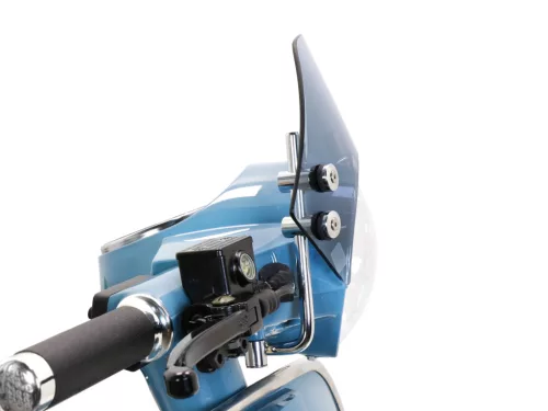 Szélvédő krómozott konzolokkal Moto Nostra w=340mm, h=105mm Vespa PX80, PX125, PX150, PX200, LML 125/150 Star/Stella szürke színre színezve