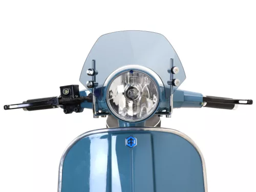 Szélvédő krómozott konzolokkal Moto Nostra w=340mm, h=105mm Vespa PX80, PX125, PX150, PX200, LML 125/150 Star/Stella szürke színre színezve