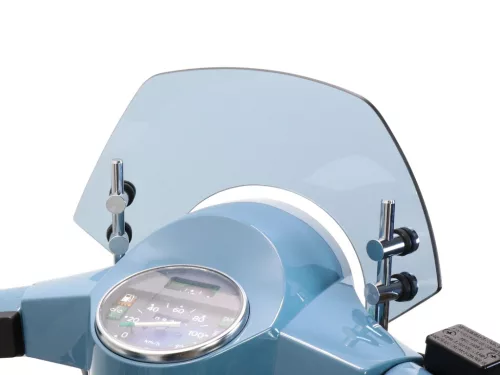 Szélvédő krómozott konzolokkal Moto Nostra w=340mm, h=105mm Vespa PX80, PX125, PX150, PX200, LML 125/150 Star/Stella szürke színre színezve