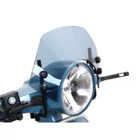   Szélvédő fekete konzolokkal Moto Nostra w=340mm, h=105mm Vespa PX80, PX125, PX150, PX200, LML 125/150 Star/Stella szürke színű, sötétített szürke szélvédő