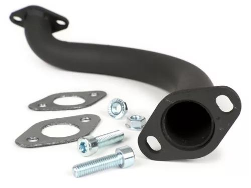 Kipufogó gyűjtőcső BGM PRO Ř30mm Vespa banán PV125, ET3 nagyfuratú gyűjtőcső alkalmas Piaggio, Faco és Sito banán kipufogóhoz acél, fekete színű.