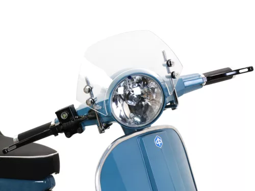 Szélvédő krómozott konzolokkal Moto Nostra w=340mm, h=105mm Vespa PX80, PX125, PX150, PX200, LML 125/150 Star/Stella színtelen