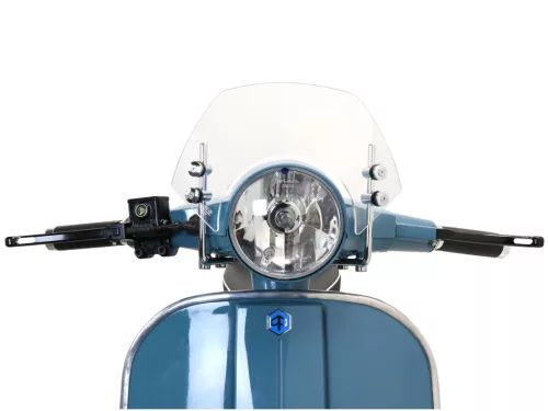 Szélvédő krómozott konzolokkal Moto Nostra w=340mm, h=105mm Vespa PX80, PX125, PX150, PX200, LML 125/150 Star/Stella színtelen