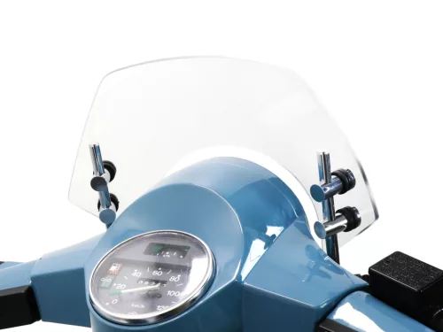Szélvédő krómozott konzolokkal Moto Nostra w=340mm, h=105mm Vespa PX80, PX125, PX150, PX200, LML 125/150 Star/Stella színtelen