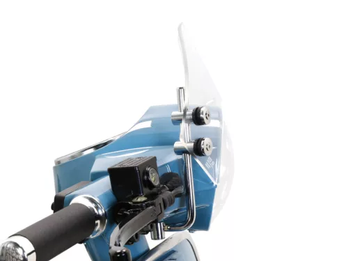 Szélvédő krómozott konzolokkal Moto Nostra w=340mm, h=105mm Vespa PX80, PX125, PX150, PX200, LML 125/150 Star/Stella színtelen