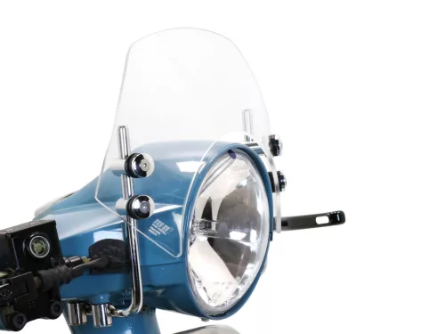 Szélvédő krómozott konzolokkal Moto Nostra w=340mm, h=105mm Vespa PX80, PX125, PX150, PX200, LML 125/150 Star/Stella színtelen