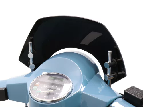 Szélvédő krómozott tartókonzolokkal Moto Nostra w=340mm, h=105mm Vespa PX80, PX125, PX150, PX200, LML 125/150 Star/Stella fekete színű