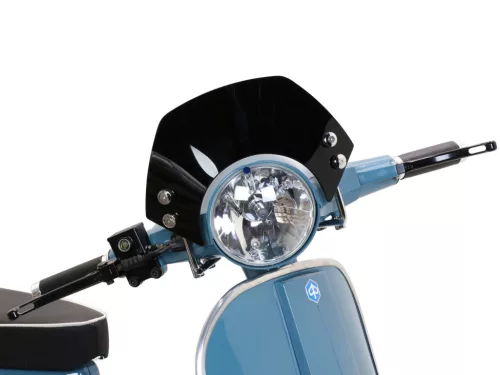 Szélvédő krómozott tartókonzolokkal Moto Nostra w=340mm, h=105mm Vespa PX80, PX125, PX150, PX200, LML 125/150 Star/Stella fekete színű
