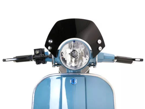 Szélvédő krómozott tartókonzolokkal Moto Nostra w=340mm, h=105mm Vespa PX80, PX125, PX150, PX200, LML 125/150 Star/Stella fekete színű
