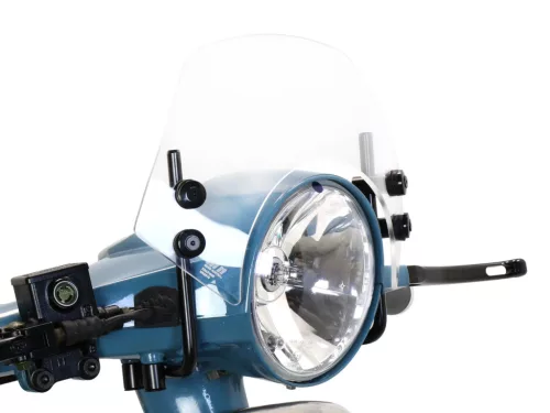 Szélvédő fekete konzolokkal Moto Nostra w=340mm, h=105mm Vespa PX80, PX125, PX150, PX200, LML 125/150 Star/Stella színtelen