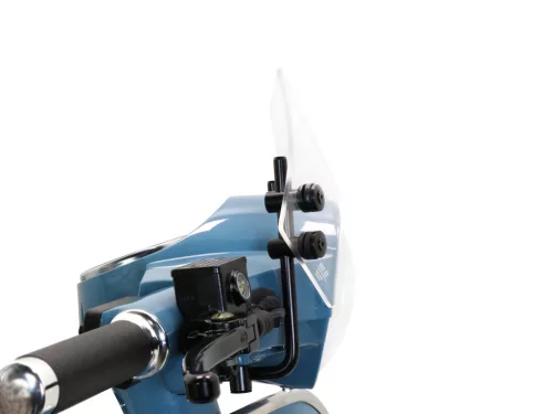 Szélvédő fekete konzolokkal Moto Nostra w=340mm, h=105mm Vespa PX80, PX125, PX150, PX200, LML 125/150 Star/Stella színtelen