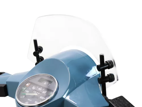 Szélvédő fekete konzolokkal Moto Nostra w=340mm, h=105mm Vespa PX80, PX125, PX150, PX200, LML 125/150 Star/Stella színtelen