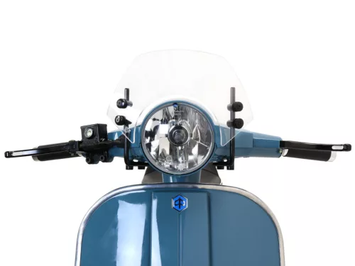 Szélvédő fekete konzolokkal Moto Nostra w=340mm, h=105mm Vespa PX80, PX125, PX150, PX200, LML 125/150 Star/Stella színtelen