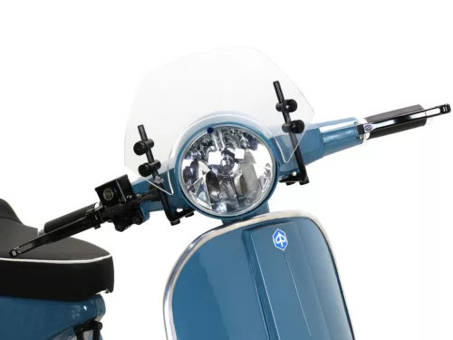 Szélvédő fekete konzolokkal Moto Nostra w=340mm, h=105mm Vespa PX80, PX125, PX150, PX200, LML 125/150 Star/Stella színtelen