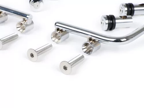 Tartókonzol szélvédőhöz Moto Nostra w=340mm, h=105mm Vespa PX80, PX125, PX150, PX200, T5 Classic, LML 125/150 Star/Stella krómozott